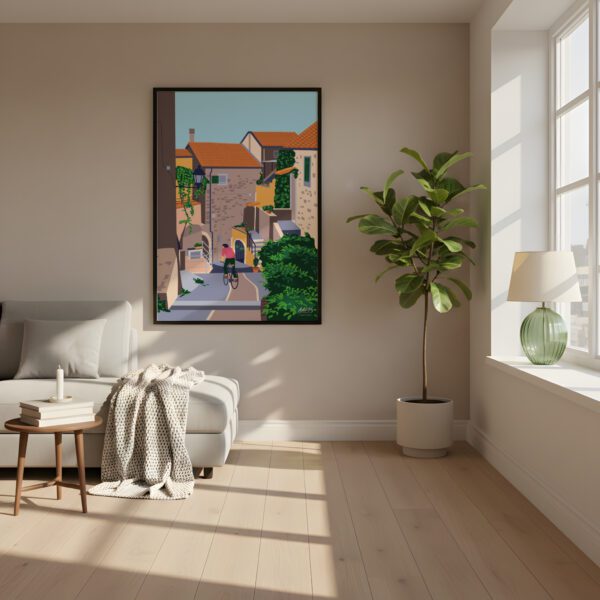 Grafisk farverig Italien plakat af en hyggelig lille landsby ved navn Castellaro. En mand kommer cyklende ned af en autentisk gyde. Dansk design af Mathias Aaris.