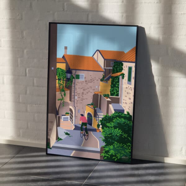 Grafisk farverig Italien plakat af en hyggelig lille landsby ved navn Castellaro. En mand kommer cyklende ned af en autentisk gyde. Dansk design af Mathias Aaris.