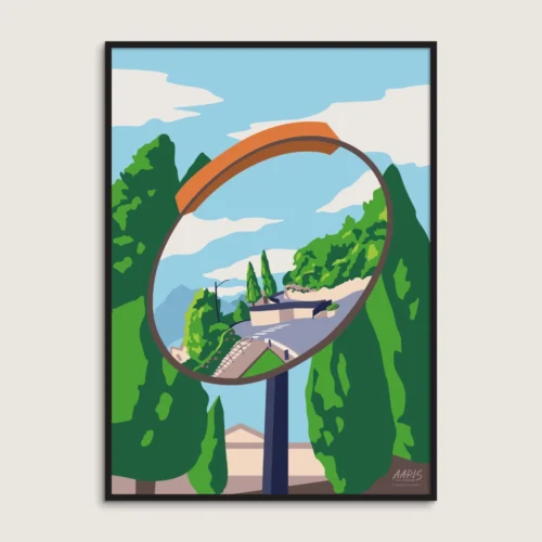 Hjem Farverig grafisk italiensk plakat af et italiensk gadespejl langs Comosøen i Italien. Dansk design af Aaris Studio.