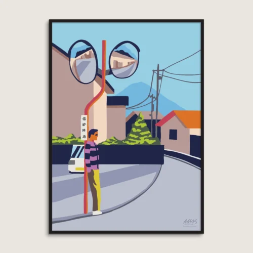Hjem Farverig grafisk japansk plakat af en gade i byen Fujikawaguchiko, hvor en mand står opad et trafiskspejl med det berømte Mount Fuji i baggrunden. Dansk design af Aaris Studio.