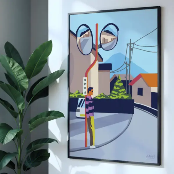Farverig grafisk japansk plakat af en gade i byen Fujikawaguchiko, hvor en mand står opad et trafiskspejl med det berømte Mount Fuji i baggrunden. Dansk design af Aaris Studio.