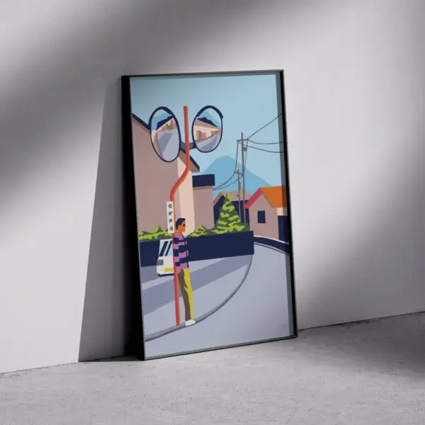 Farverig grafisk japansk plakat af en gade i byen Fujikawaguchiko, hvor en mand står opad et trafiskspejl med det berømte Mount Fuji i baggrunden. Dansk design af Aaris Studio.