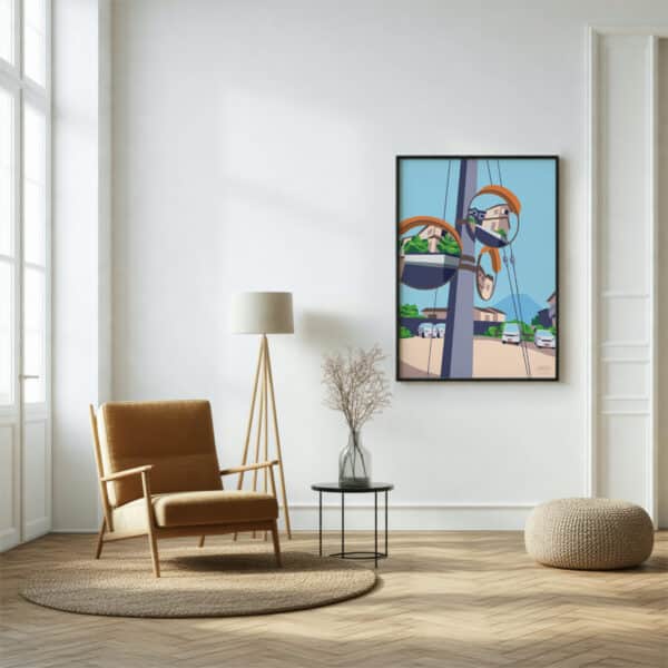 Mockup der viser en moderne boligindretning med en plakat fra Aaris Studio hængende på væggen.