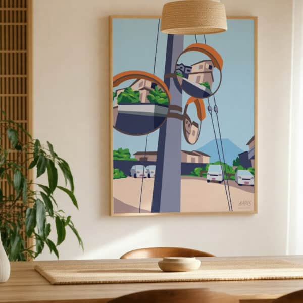 Mockup der viser en moderne boligindretning med en plakat fra Aaris Studio hængende på væggen.