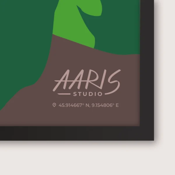 Nederste højre hjørne af plakaten Nesso. Den viser Aaris Studios logo og koordinater.