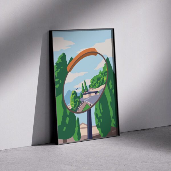 Farverig grafisk italiensk plakat af et italiensk gadespejl langs Comosøen i Italien. Dansk design af Aaris Studio.