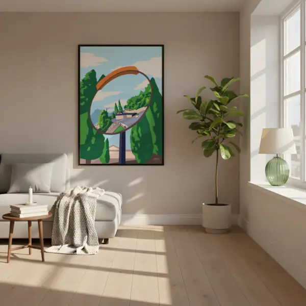 Farverig grafisk italiensk plakat af et italiensk gadespejl langs Comosøen i Italien. Dansk design af Aaris Studio.