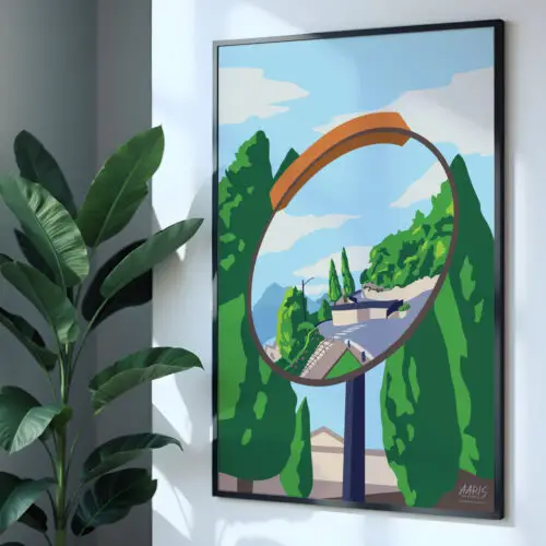 Hjem Farverig grafisk italiensk plakat af et italiensk gadespejl langs Comosøen i Italien. Dansk design af Aaris Studio.