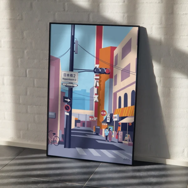 NipponbashiMockup2 Farverig grafisk japansk plakat af en gade i byen Nipponbashi i storbyen Osaka, Japan. Dansk design af Aaris Studio.