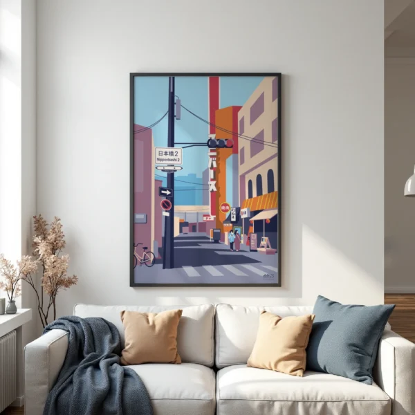 NipponbashiMockup3 Farverig grafisk japansk plakat af en gade i byen Nipponbashi i storbyen Osaka, Japan. Dansk design af Aaris Studio.