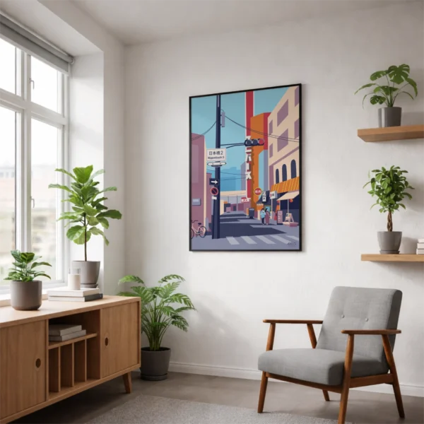 NipponbashiMockupNy Farverig grafisk japansk plakat af en gade i byen Nipponbashi i storbyen Osaka, Japan. Dansk design af Aaris Studio.