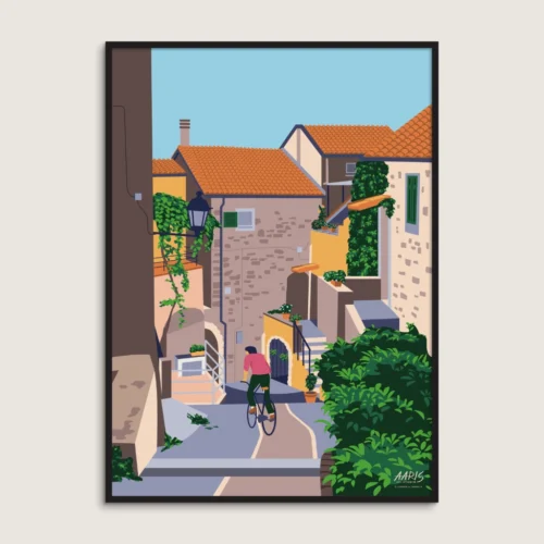 Hjem Grafisk farverig Italien plakat af en hyggelig lille landsby ved navn Castellaro. En mand kommer cyklende ned af en autentisk gyde. Dansk design af Aaris Studio.