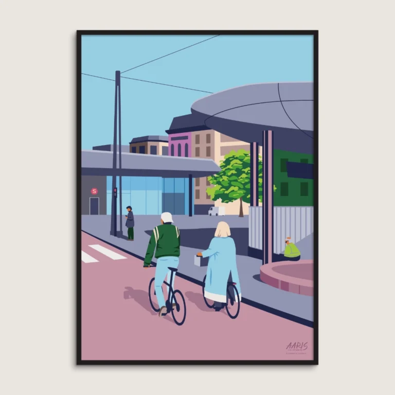Hjem Grafisk København plakat af Nørreport Station i København. To mennesker cykler på cykelstien foran stationen. Dansk design af Aaris Studio.