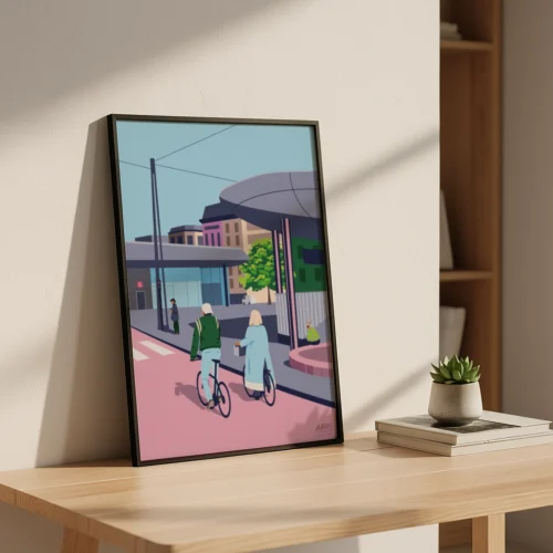Hjem Grafisk København plakat af Nørreport Station i København. To mennesker cykler på cykelstien foran stationen. Dansk design af Aaris Studio.