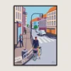 Aarhus plakat af promenaden Sønder Allé. En mand står i krydset med sin cykel. Dansk design af Aaris Studio.