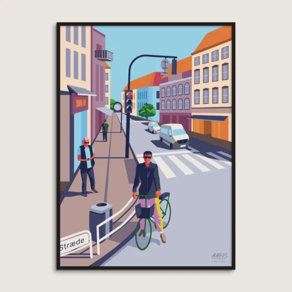 Aarhus plakat af promenaden Sønder Allé. En mand står i krydset med sin cykel. Dansk design af Aaris Studio.