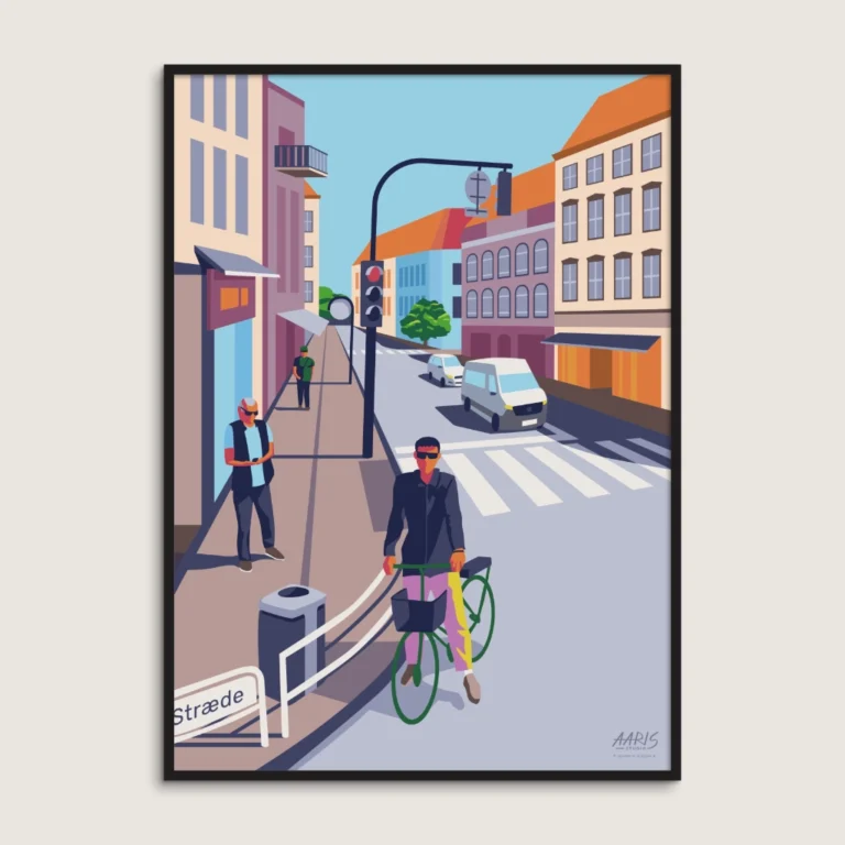 Hjem Aarhus plakat af promenaden Sønder Allé. En mand står i krydset med sin cykel. Dansk design af Aaris Studio.