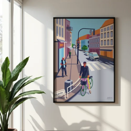 Hjem Aarhus plakat af promenaden Sønder Allé. En mand står i krydset med sin cykel. dansk design af Aaris Studio.