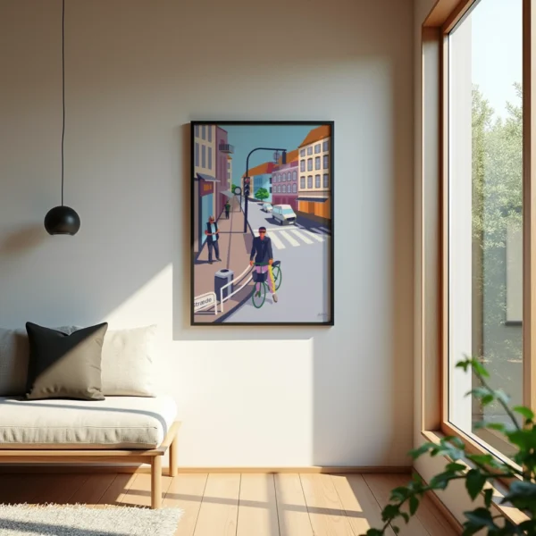 Aarhus plakat af promenaden Sønder Allé. En mand står i krydset med sin cykel. Dansk design af Aaris Studio.