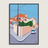 Plakat af en rolig gade i Portugal med gadespejl og parkeret bil. Dansk design af Aaris Studio.