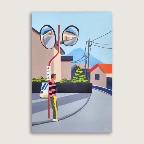 Maleriet Fuji af kunstner Mathias Aaris. En mand står på en gade i Fujikawaguchiko med Mount Fuji i baggrunden.