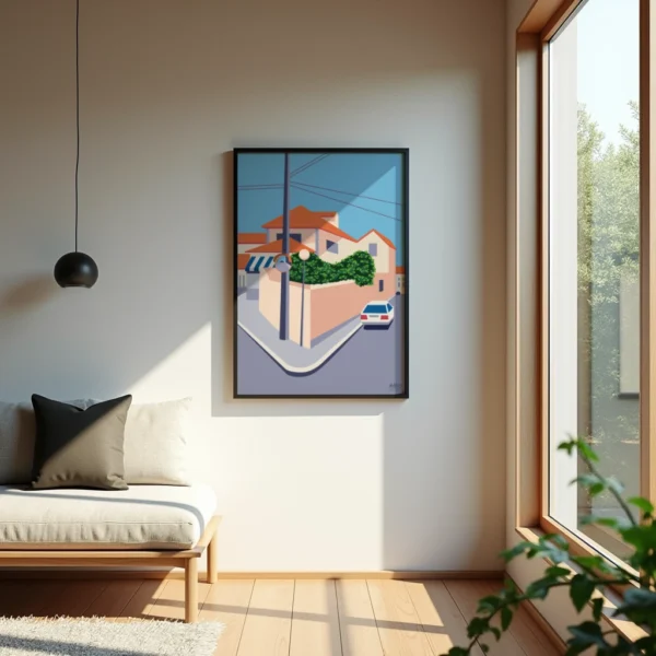 Plakat af en rolig gade i Portugal med gadespejl og parkeret bil. Dansk design af Aaris Studio.