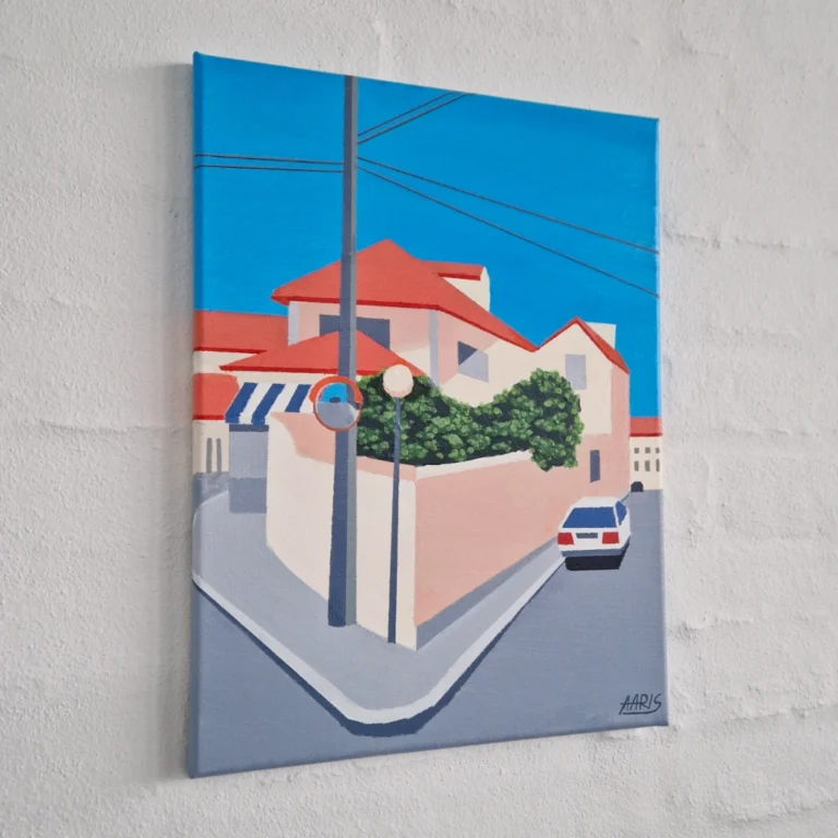 Hjem Maleriet Sintra af kunstner Mathias Aaris. En rolig gade i Portugal med gadespejl og parkeret bil.