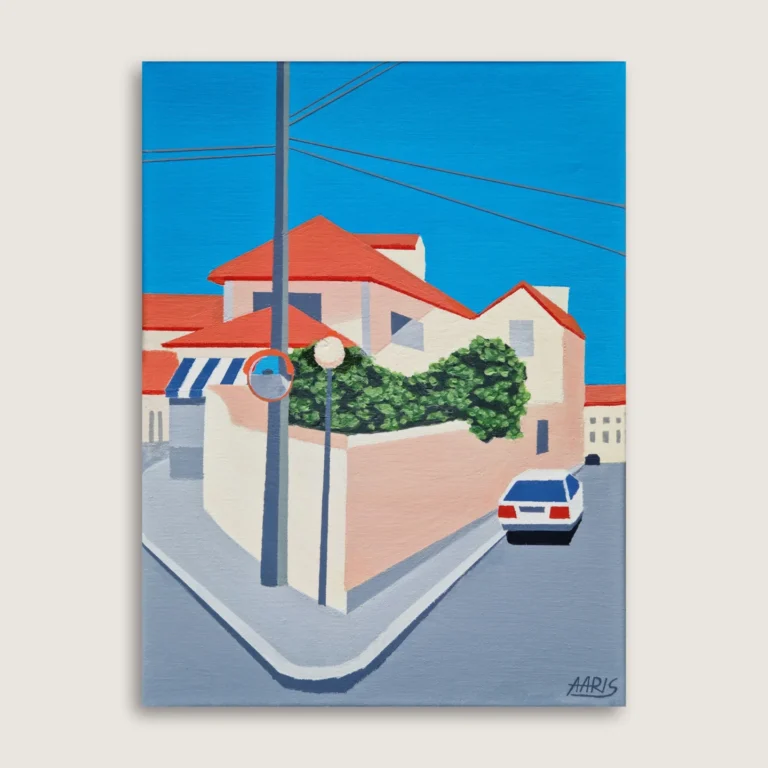 Hjem Maleriet Sintra af kunstner Mathias Aaris. En rolig gade i Portugal med gadespejl og parkeret bil.