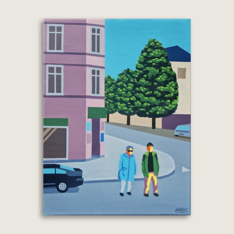 Hjem Maleriet VODROFFSVEJ af kunstner Mathias Aaris. To mennesker på et gadehjørne i København foran en kiosk.
