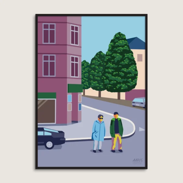 Grafisk København plakat af en hyggelig kiosk på Vodroffsvej i København. Dansk design af Aaris Studio.