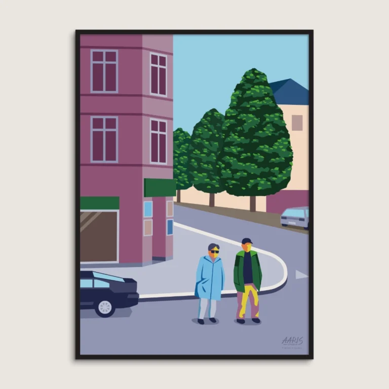 Grafisk København plakat af en hyggelig kiosk på Vodroffsvej i København. Dansk design af Aaris Studio.
