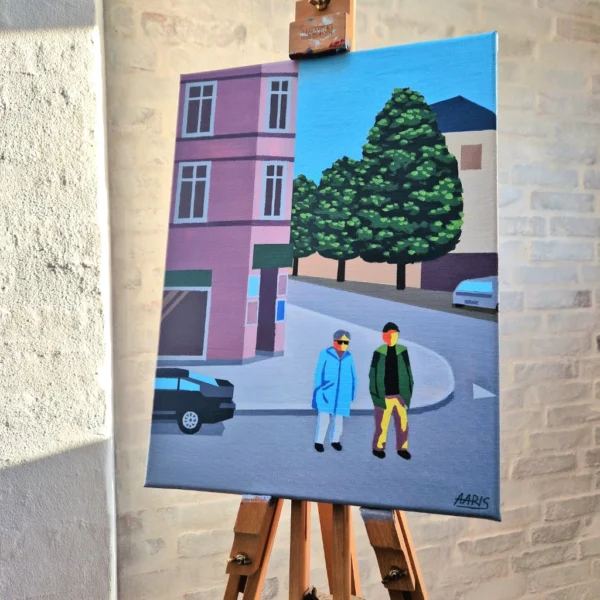 Maleriet VODROFFSVEJ af kunstner Mathias Aaris. To mennesker på et gadehjørne i København foran en kiosk.