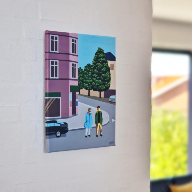 Hjem Maleriet VODROFFSVEJ af kunstner Mathias Aaris. To mennesker på et gadehjørne i København foran en kiosk.