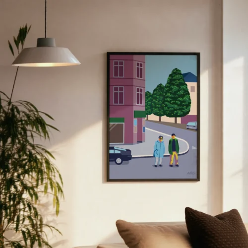 Hjem Grafisk København plakat af en hyggelig kiosk på Vodroffsvej i København. Dansk design af Aaris Studio.