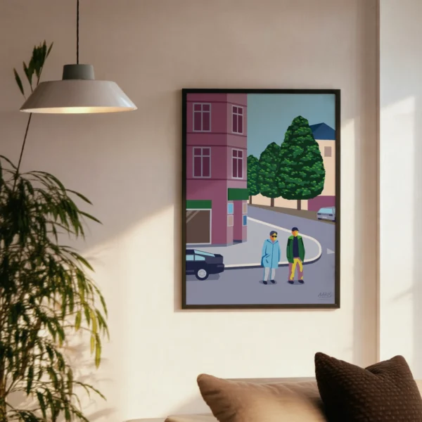 Grafisk København plakat af en hyggelig kiosk på Vodroffsvej i København. Dansk design af Aaris Studio.