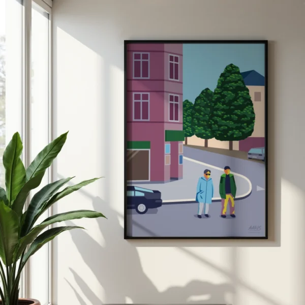 Grafisk København plakat af en hyggelig kiosk på Vodroffsvej i København. Dansk design af Aaris Studio.