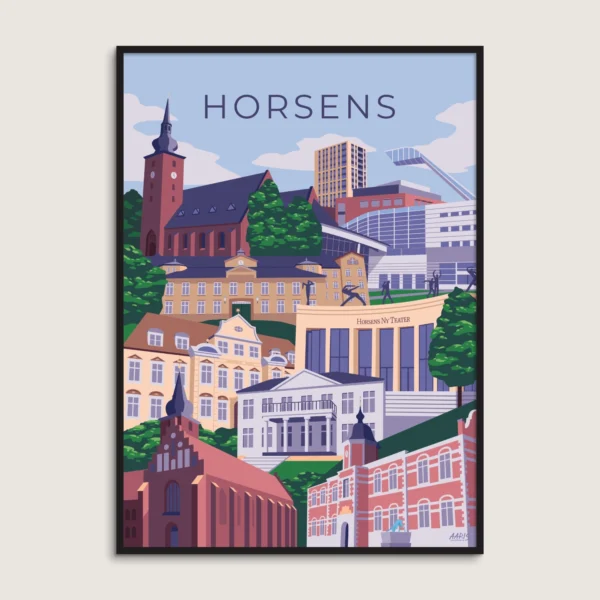 Farverig grafisk plakat af Horsens. De mest kendte vartegn og bygninger fra Horsens samlet i en byplakat. Dansk design af Aaris Studio.