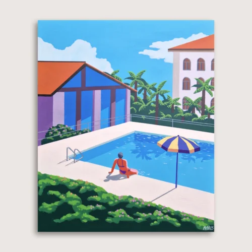Originalt maleri Lugano af kunstner Mathias Aaris. En varm sommerdag ved poolen i Schweiz med palmer.