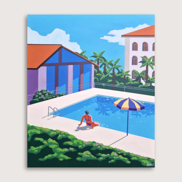 Hjem Originalt maleri Lugano af kunstner Mathias Aaris. En varm sommerdag ved poolen i Schweiz med palmer.
