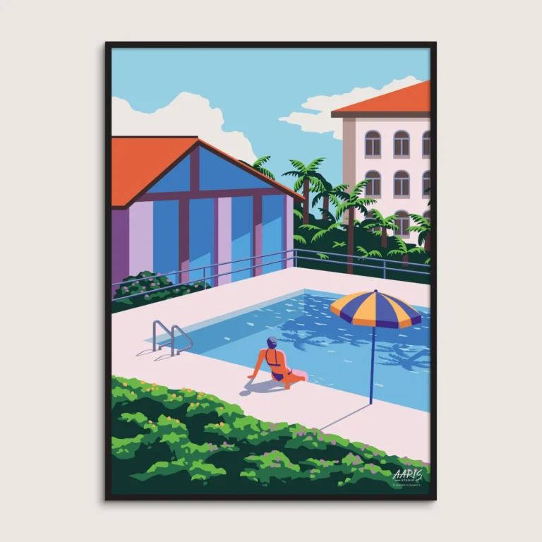 Farverig grafisk plakat af en varm sommerdag ved en pool i det sydlige Schweiz med palmer. Dansk design af Aaris Studio.