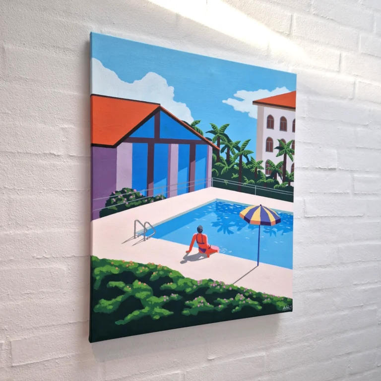 Hjem Originalt maleri Lugano af kunstner Mathias Aaris. En varm sommerdag ved poolen i Schweiz med palmer.
