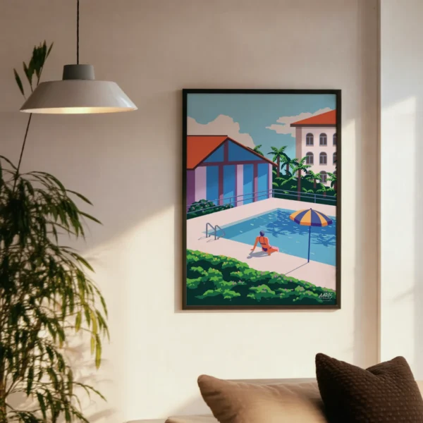 LuganoMockup3 Farverig grafisk plakat af en varm sommerdag ved en pool i det sydlige Schweiz med palmer. Dansk design af Aaris Studio.