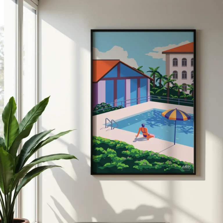 Farverig grafisk plakat af en varm sommerdag ved en pool i det sydlige Schweiz med palmer. Dansk design af Aaris Studio.