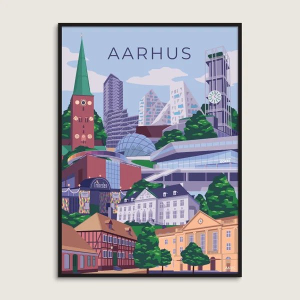 Farverig grafisk plakat af Aarhus. De mest kendte vartegn og bygninger fra Aarhus samlet i en byplakat. Dansk design af Aaris Studio.