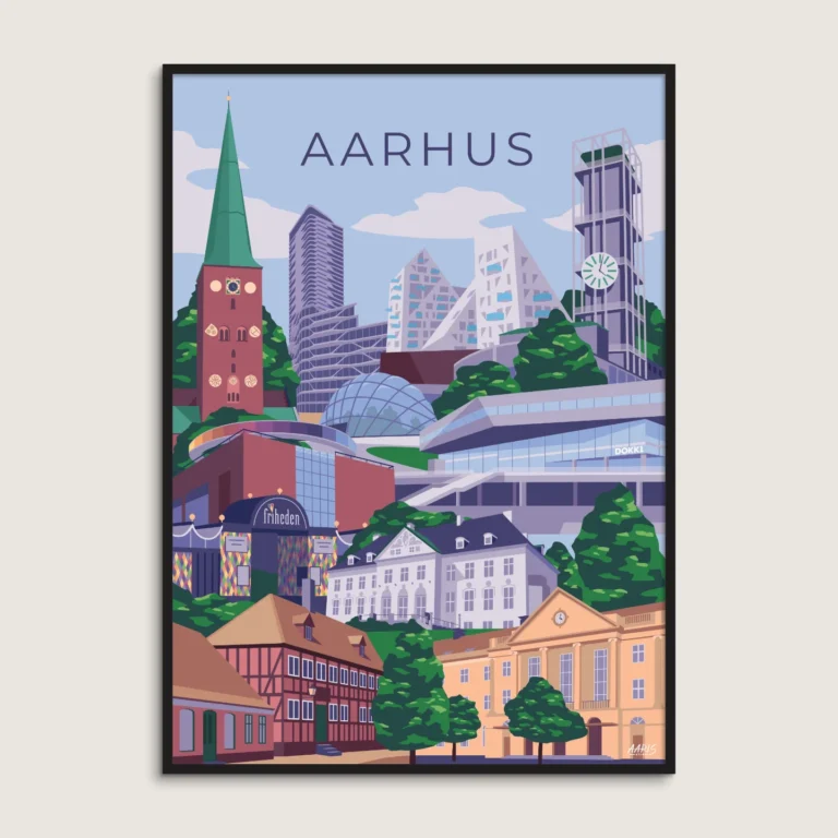 Hjem Farverig grafisk plakat af Aarhus. De mest kendte vartegn og bygninger fra Aarhus samlet i en byplakat. Dansk design af Aaris Studio.