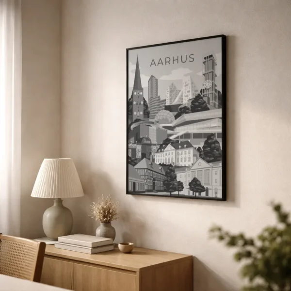 Farverig grafisk plakat af Aarhus. De mest kendte vartegn og bygninger fra Aarhus samlet i en byplakat. Dansk design af Aaris Studio.
