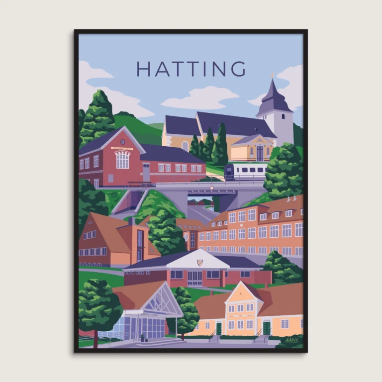 Hjem Farverig grafisk plakat af Hatting. De mest kendte vartegn og bygninger fra Hatting samlet i en byplakat. Dansk design af Aaris Studio.