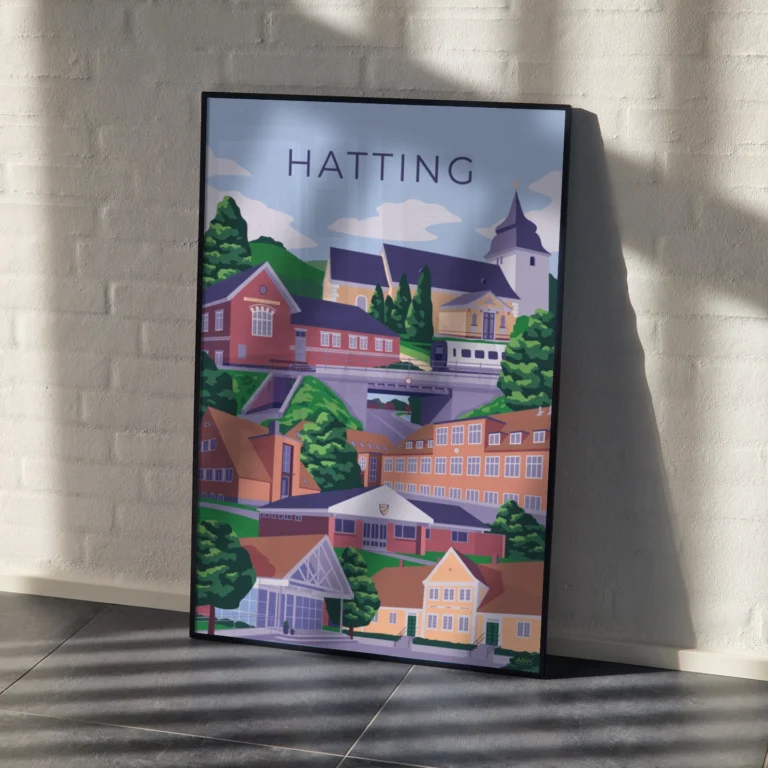 Hjem Farverig grafisk plakat af Hatting. De mest kendte vartegn og bygninger fra Hatting samlet i en byplakat. Dansk design af Aaris Studio.