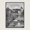 Sort hvid grafisk plakat af Hatting. De mest kendte vartegn og bygninger fra Hatting samlet i en byplakat. Dansk design af Aaris Studio.