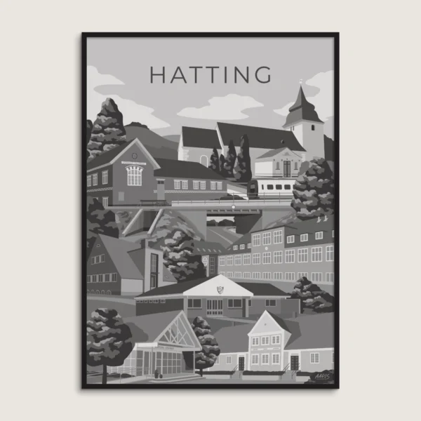 Sort hvid grafisk plakat af Hatting. De mest kendte vartegn og bygninger fra Hatting samlet i en byplakat. Dansk design af Aaris Studio.